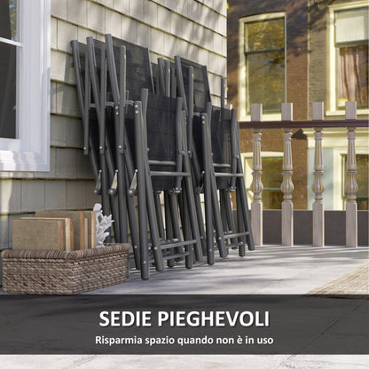 7-Piece Outdoor Table and Chairs Set, Dining Set with Extendable Glass Table Top, 6 Foldable Outdoor Chairs with Armrests, Steel and Textilene Furniture Set, Gray