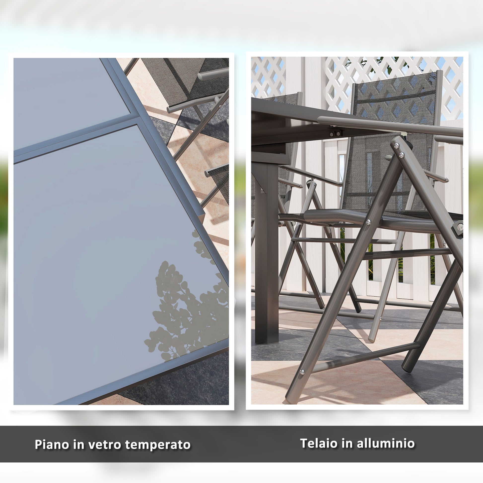 7-Piece Outdoor Table and Chairs Set, Dining Set with Extendable Glass Table Top, 6 Foldable Outdoor Chairs with Armrests, Steel and Textilene Furniture Set, Gray