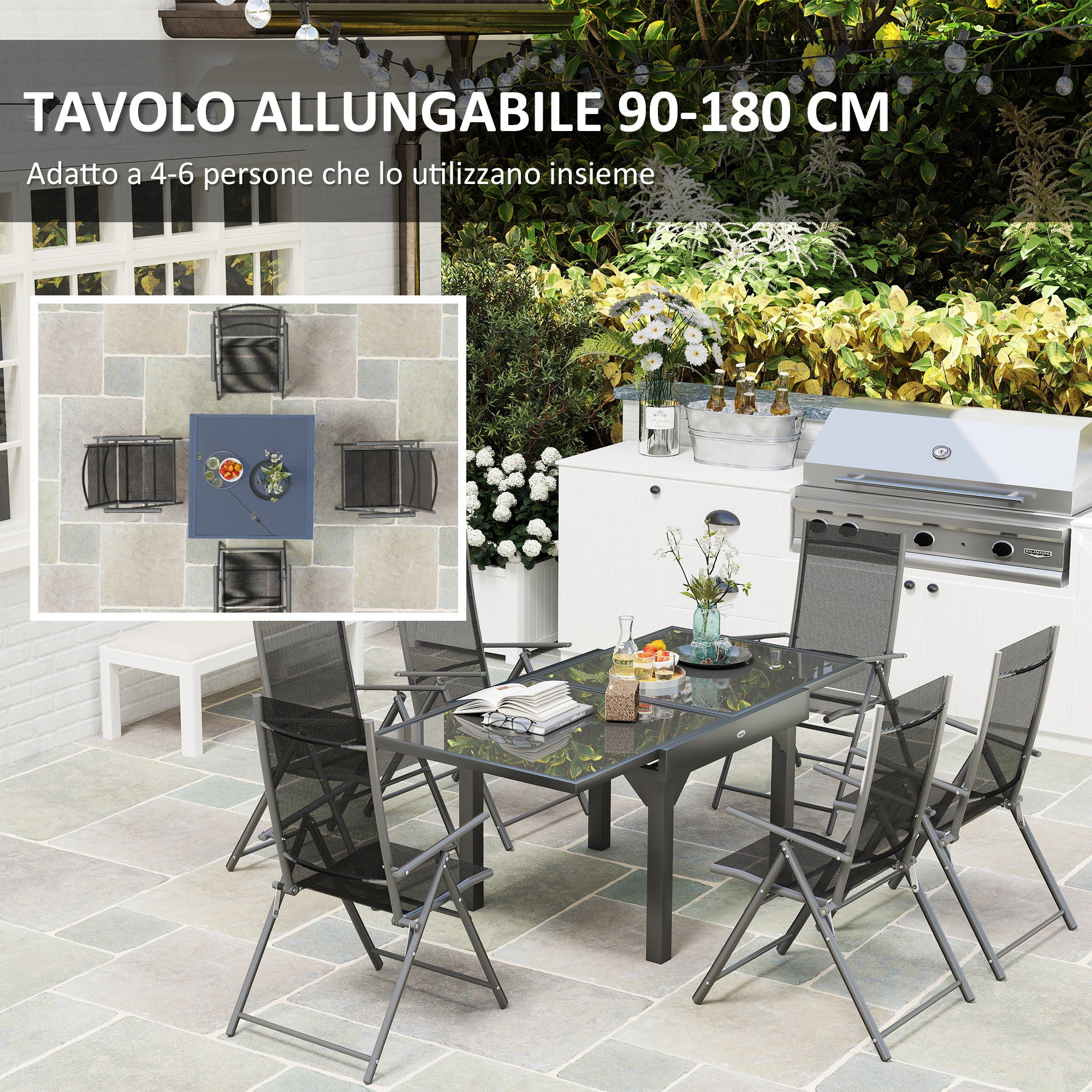 7-Piece Outdoor Table and Chairs Set, Dining Set with Extendable Glass Table Top, 6 Foldable Outdoor Chairs with Armrests, Steel and Textilene Furniture Set, Gray