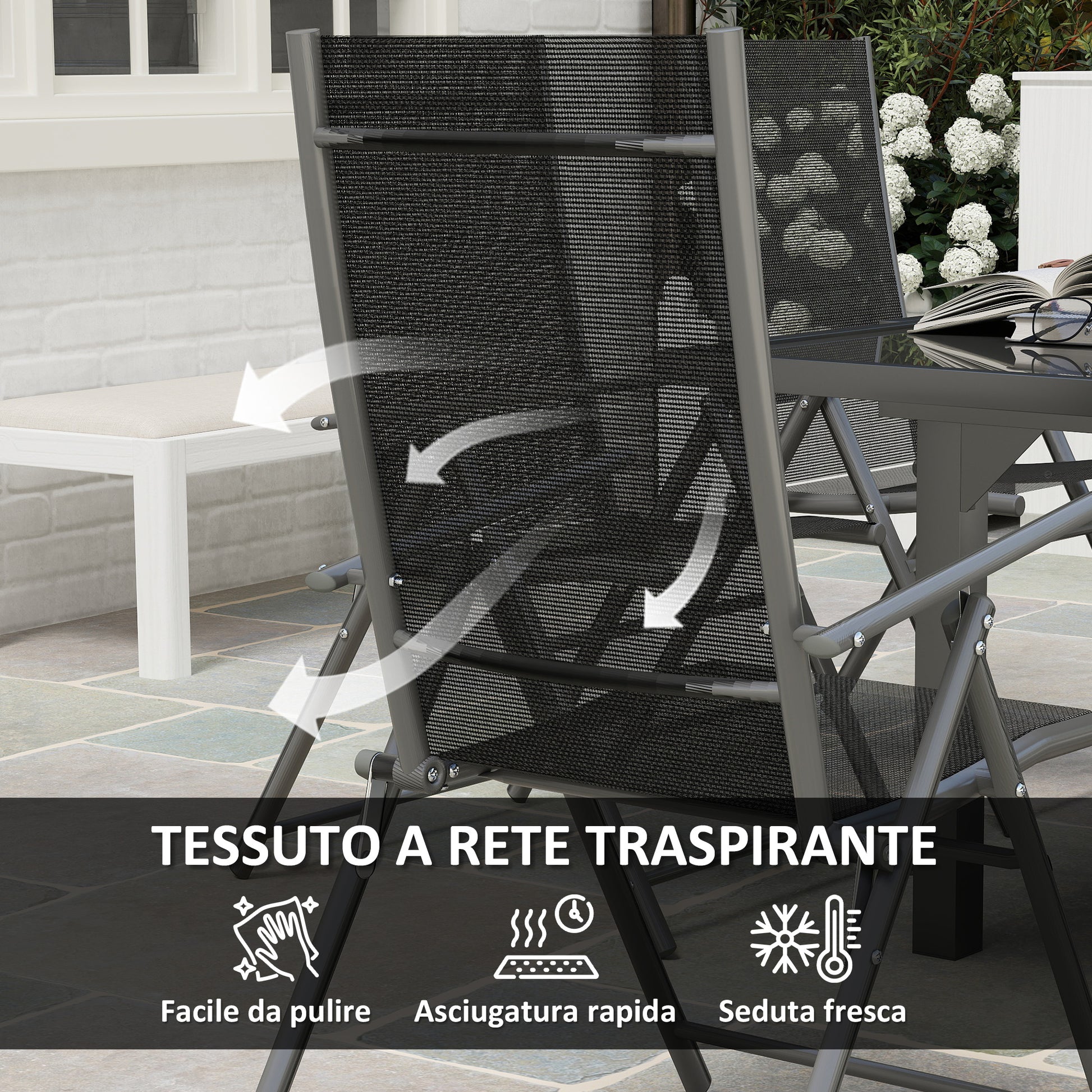7-Piece Outdoor Table and Chairs Set, Dining Set with Extendable Glass Table Top, 6 Foldable Outdoor Chairs with Armrests, Steel and Textilene Furniture Set, Gray