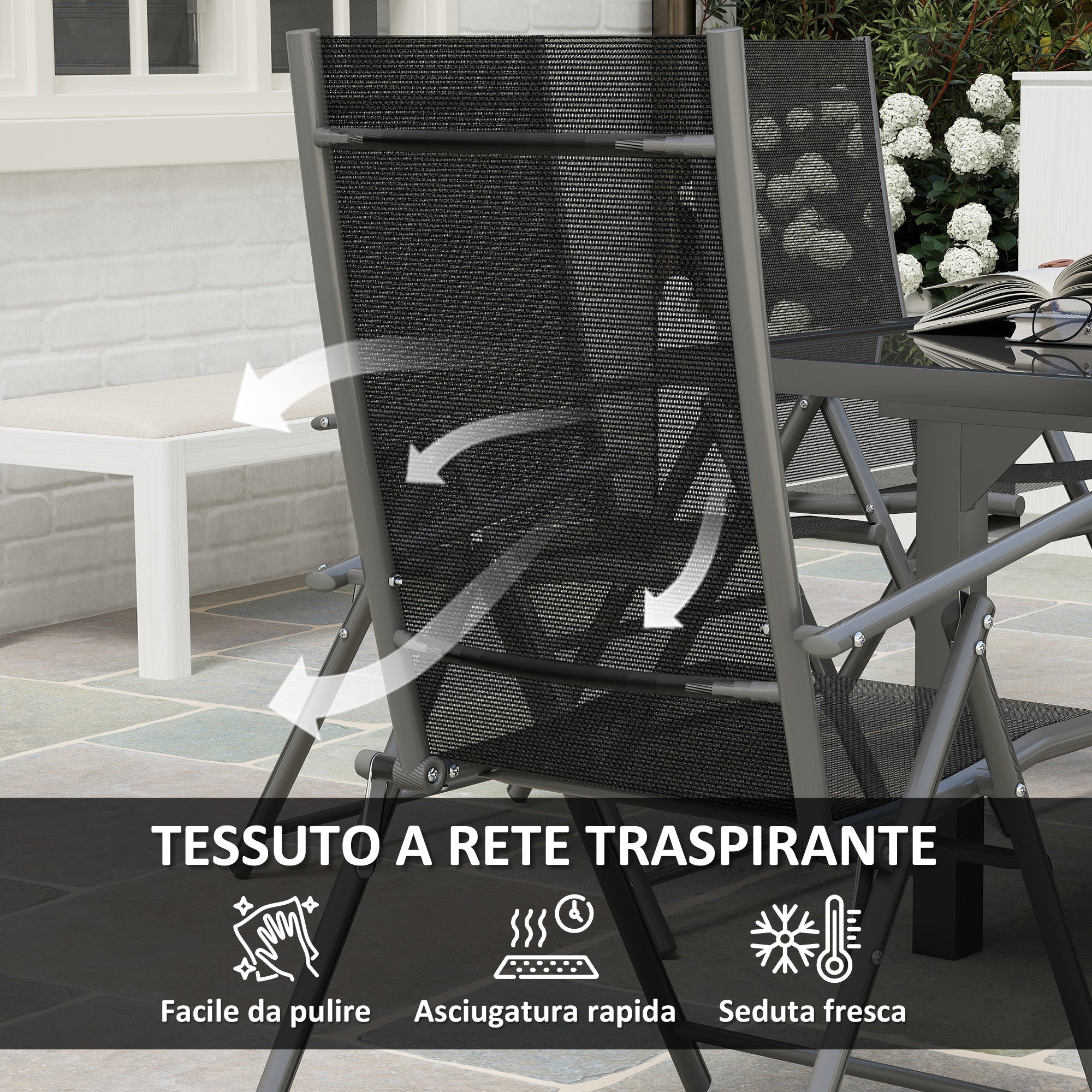 7-Piece Outdoor Table and Chairs Set, Dining Set with Extendable Glass Table Top, 6 Foldable Outdoor Chairs with Armrests, Steel and Textilene Furniture Set, Gray