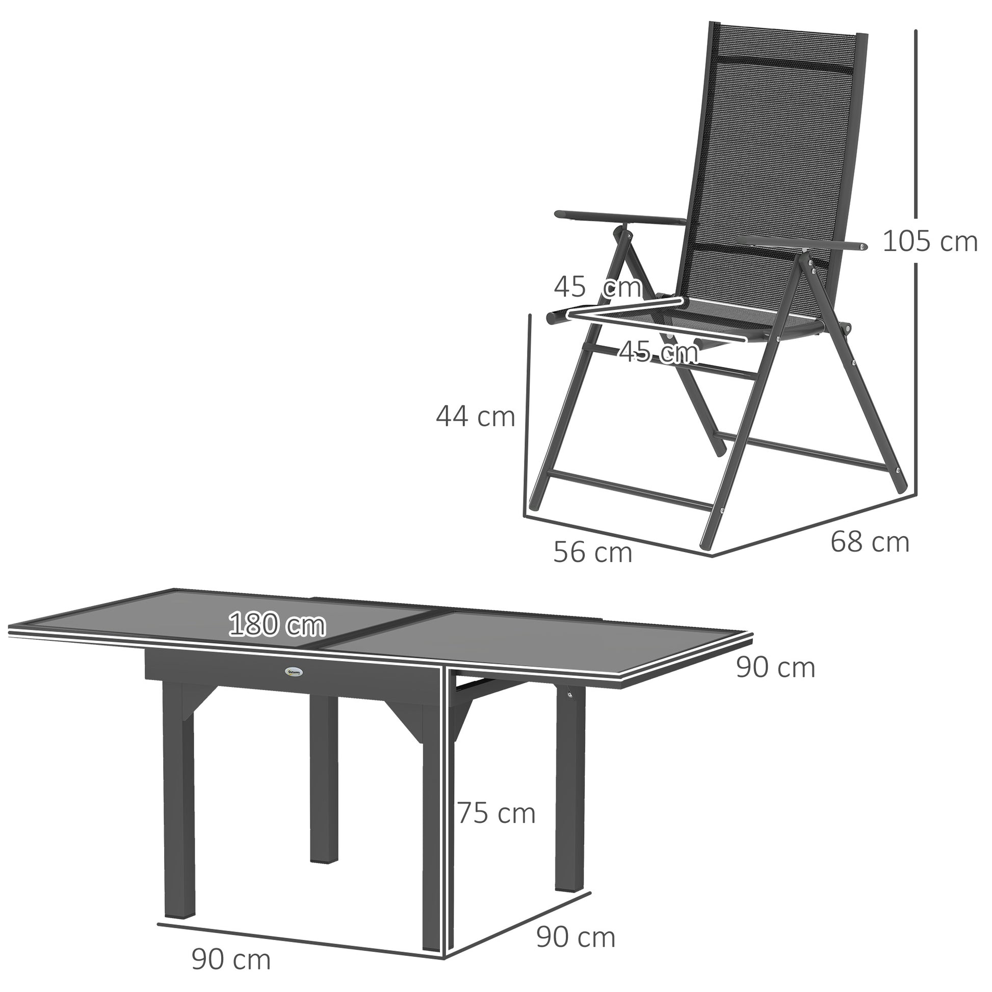 7-Piece Outdoor Table and Chairs Set, Dining Set with Extendable Glass Table Top, 6 Foldable Outdoor Chairs with Armrests, Steel and Textilene Furniture Set, Gray