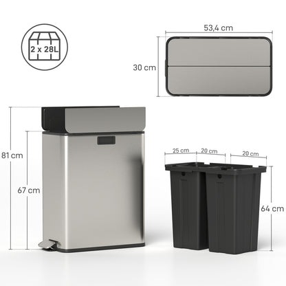 2 x 28L Stainless Steel Kitchen Step Bin with Soft-Close Butterfly Lid, Removable Inner Bins, Fingerprint-Resistant, Silver