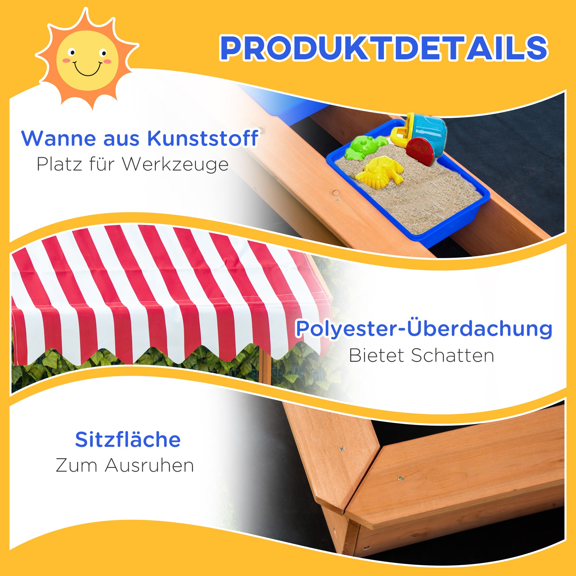 Sandpit Sandpit Wooden Bottomless Design Mud Area for Children 3-7 Years Sandbox with Cover Roof for Garden Terrace Beach Outdoor Yellow 107.5 x 107.5 x 110 cm