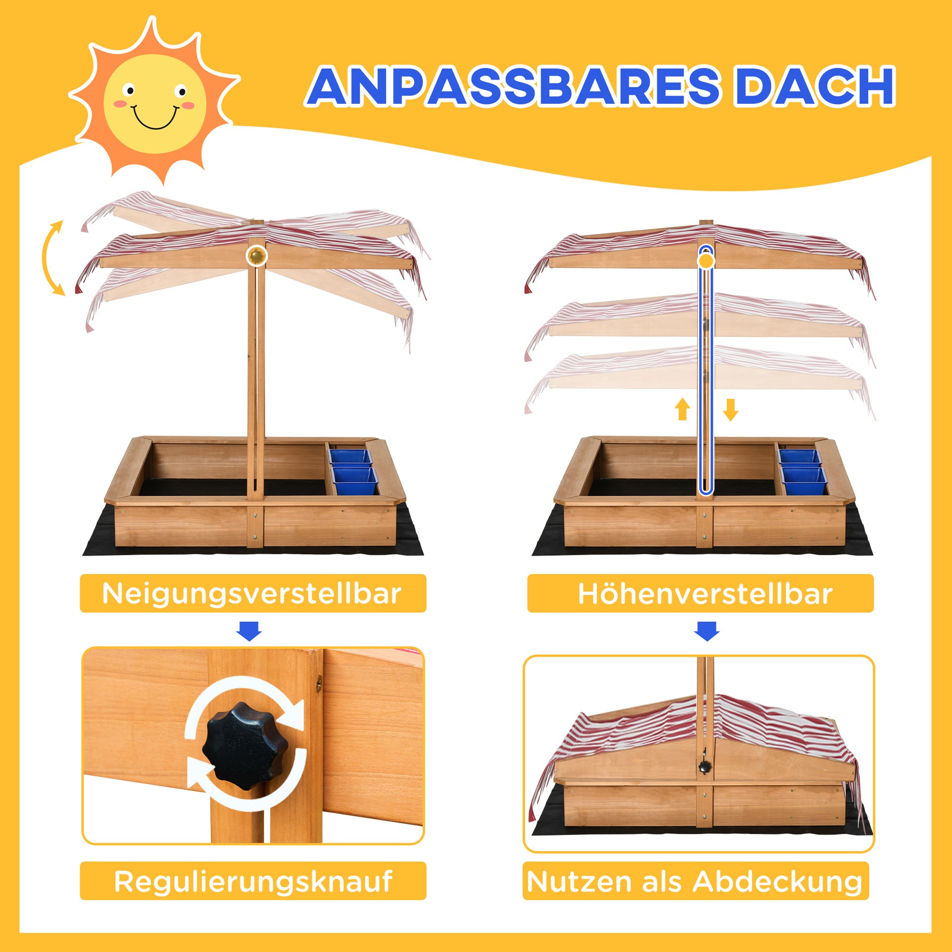 Sandpit Sandpit Wooden Bottomless Design Mud Area for Children 3-7 Years Sandbox with Cover Roof for Garden Terrace Beach Outdoor Yellow 107.5 x 107.5 x 110 cm