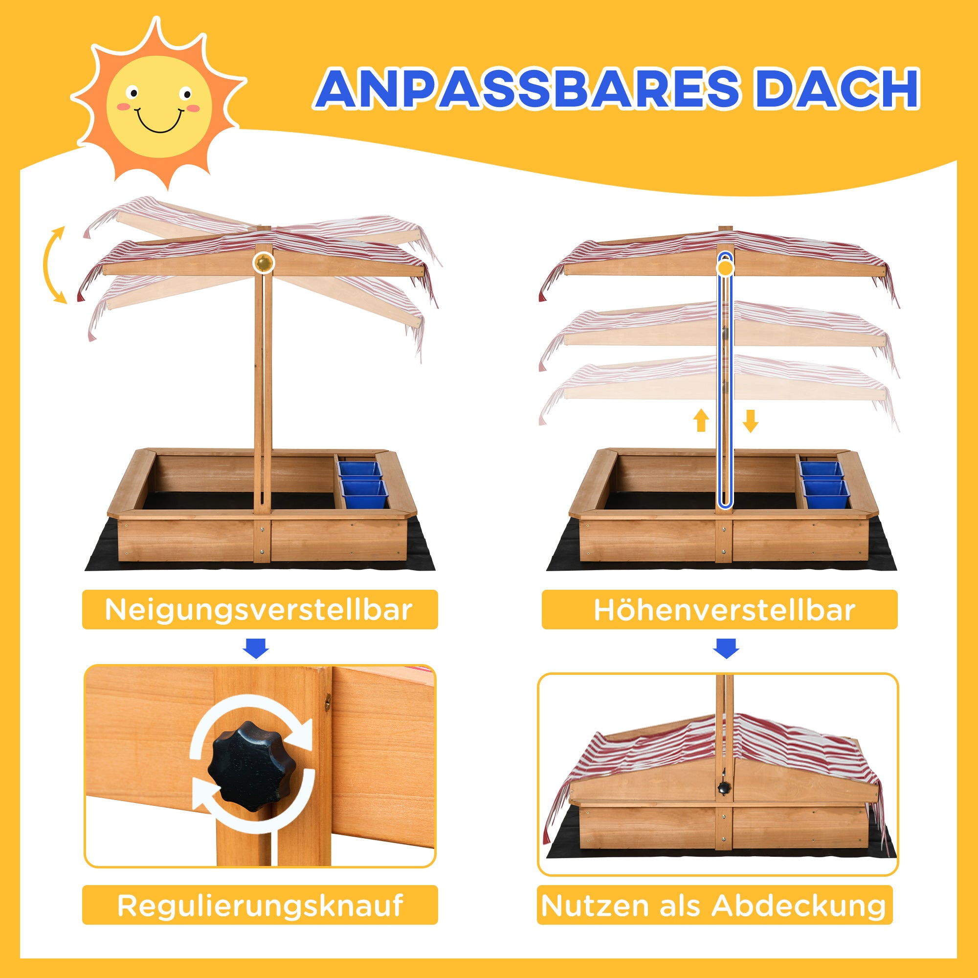 Sandpit Sandpit Wooden Bottomless Design Mud Area for Children 3-7 Years Sandbox with Cover Roof for Garden Terrace Beach Outdoor Yellow 107.5 x 107.5 x 110 cm