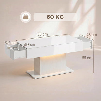 High-Gloss Coffee Table with LED Lighting, Modern Side Table with 2 Drawers, Remote-Controlled, 108 x 48 x 55 cm (42.5 x 18.9 x 21.7 in) – White