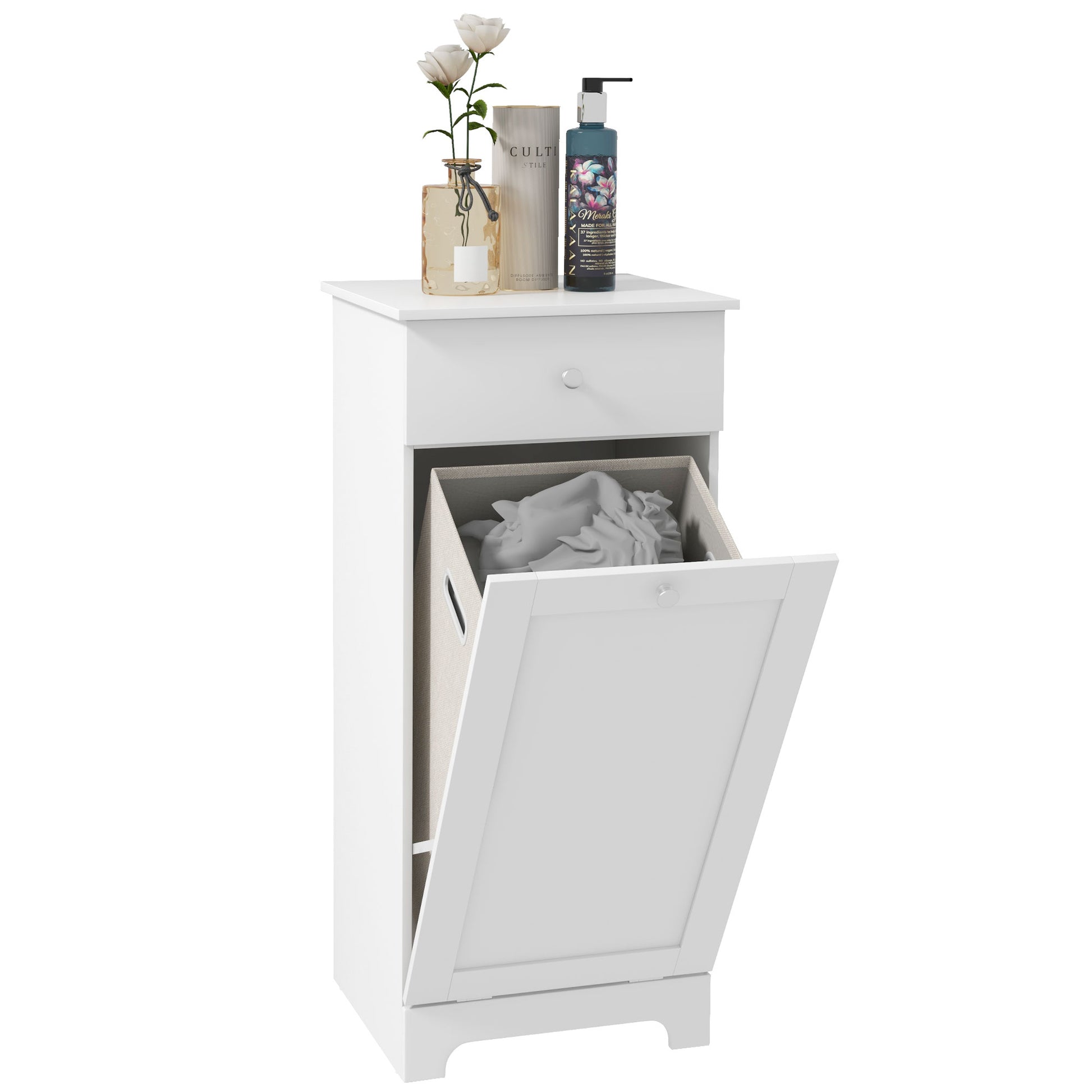 Bathroom Cabinet with Folding Laundry Basket, Storage Cabinet with Drawer - 40L x 40W x 90.5H cm - White