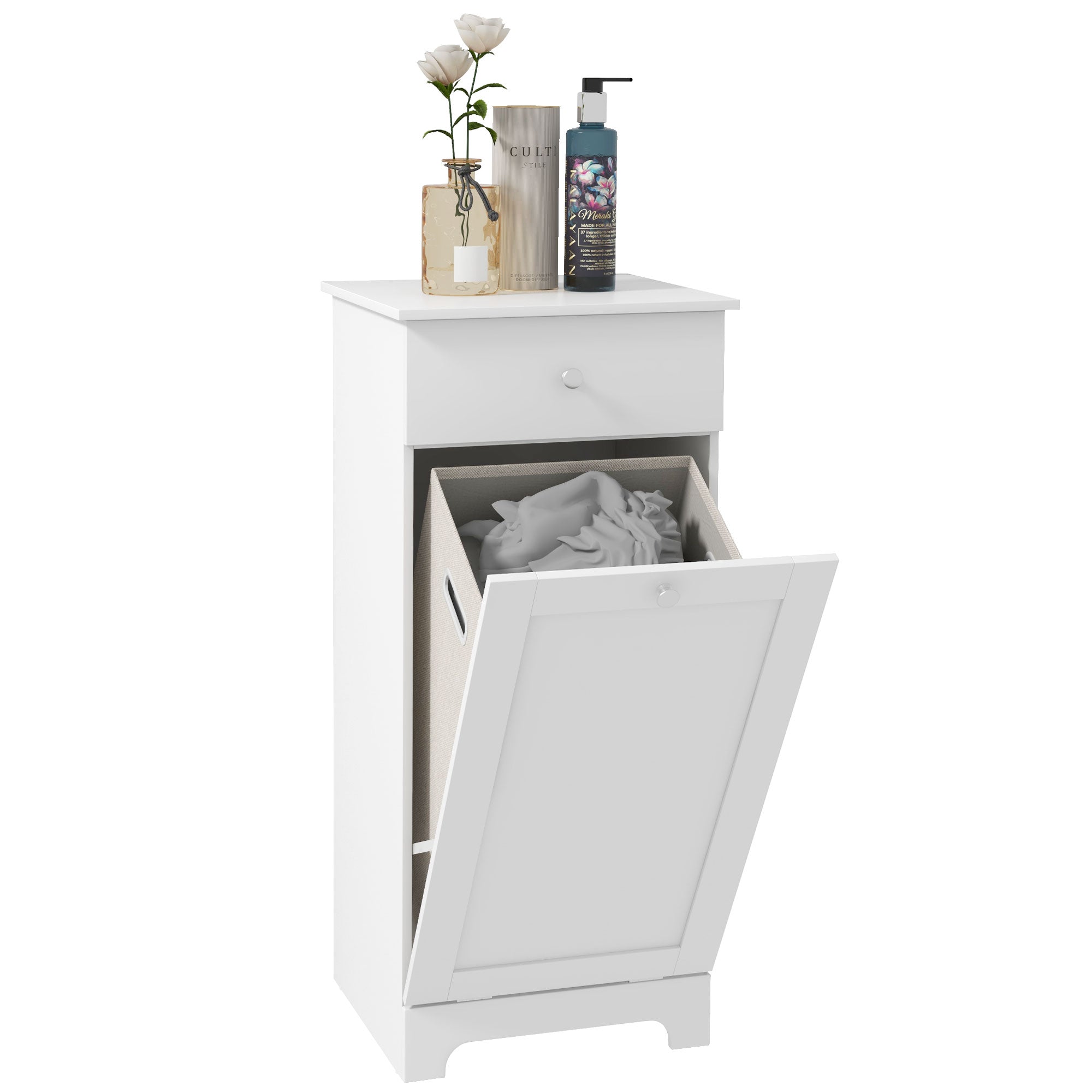 Bathroom Cabinet with Folding Laundry Basket, Storage Cabinet with Drawer - 40L x 40W x 90.5H cm - White