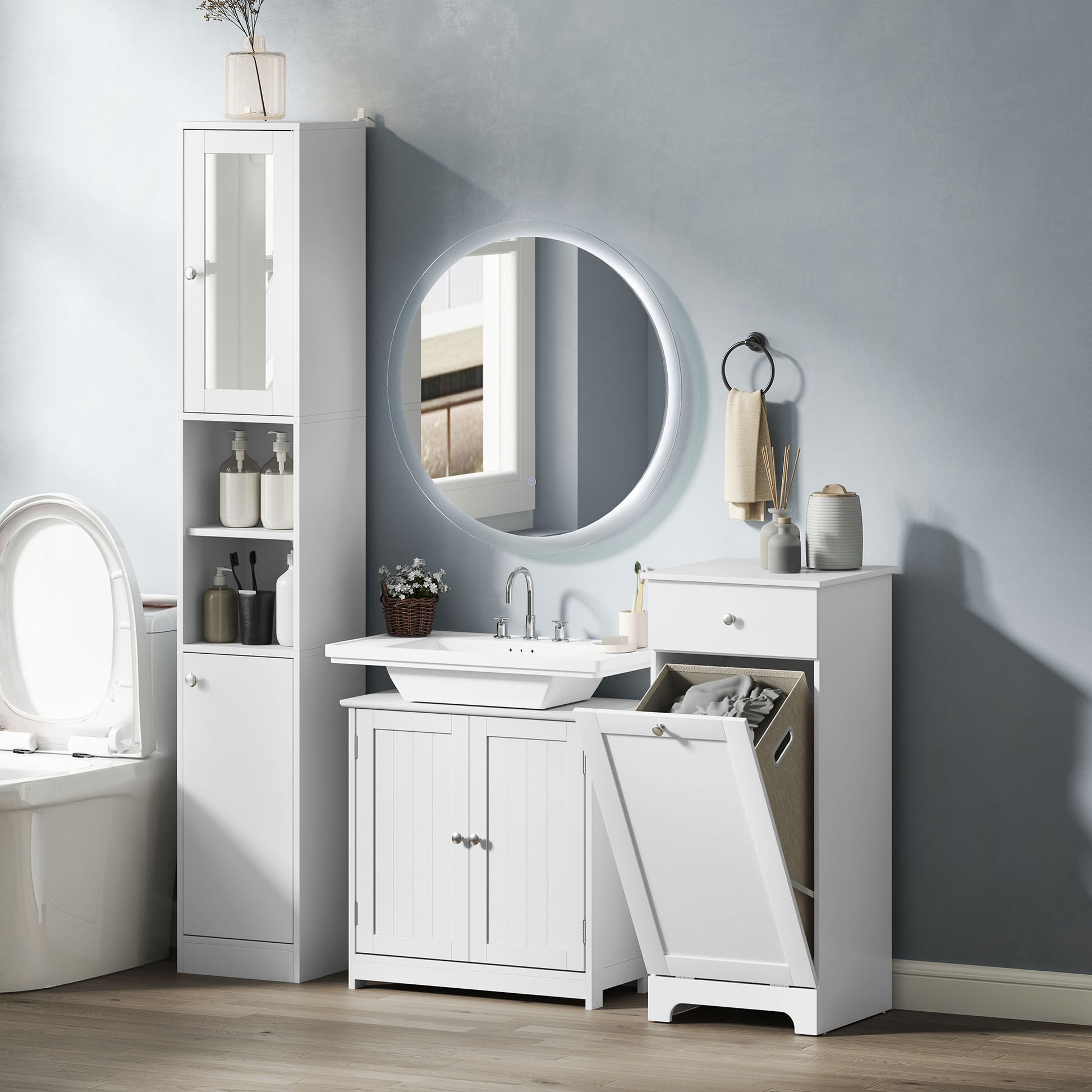 Bathroom Cabinet with Folding Laundry Basket, Storage Cabinet with Drawer - 40L x 40W x 90.5H cm - White