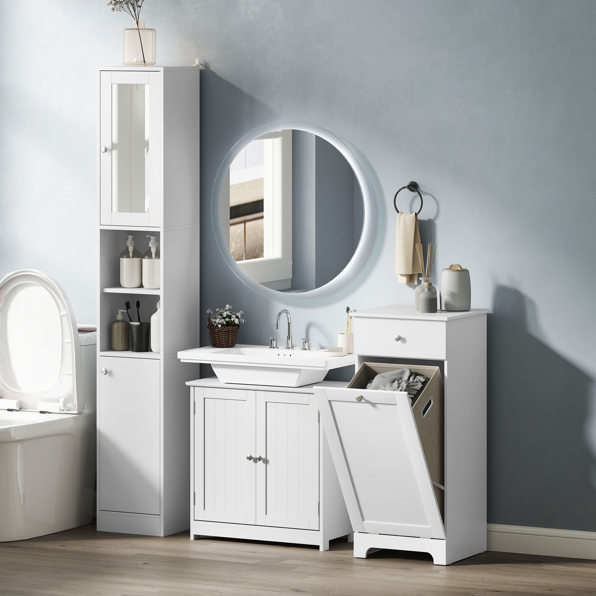 Bathroom Cabinet with Folding Laundry Basket, Storage Cabinet with Drawer - 40L x 40W x 90.5H cm - White