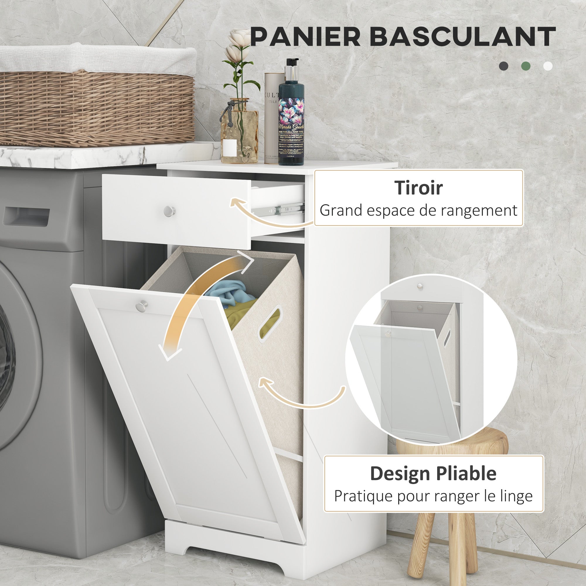 Bathroom Cabinet with Folding Laundry Basket, Storage Cabinet with Drawer - 40L x 40W x 90.5H cm - White
