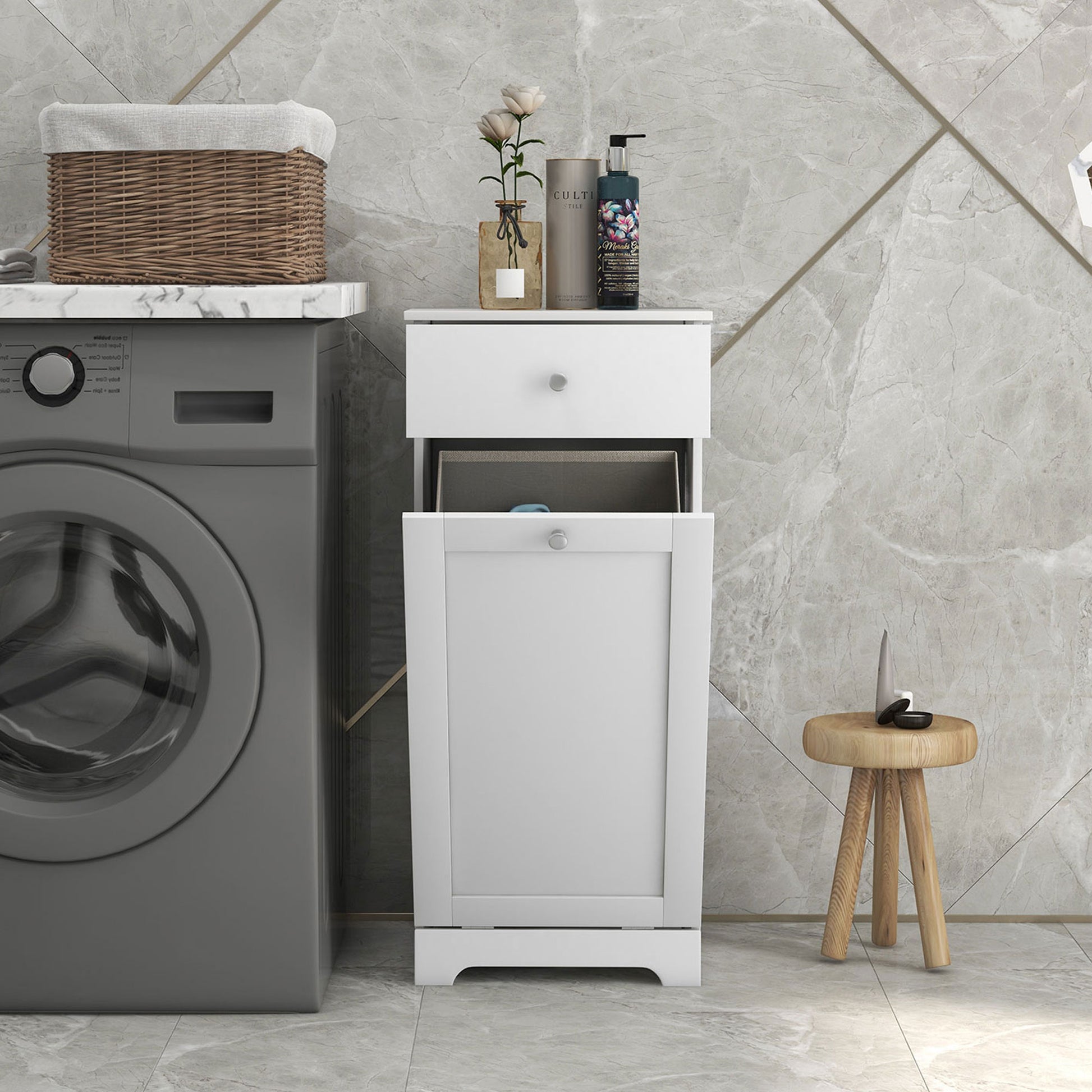 Bathroom Cabinet with Folding Laundry Basket, Storage Cabinet with Drawer - 40L x 40W x 90.5H cm - White