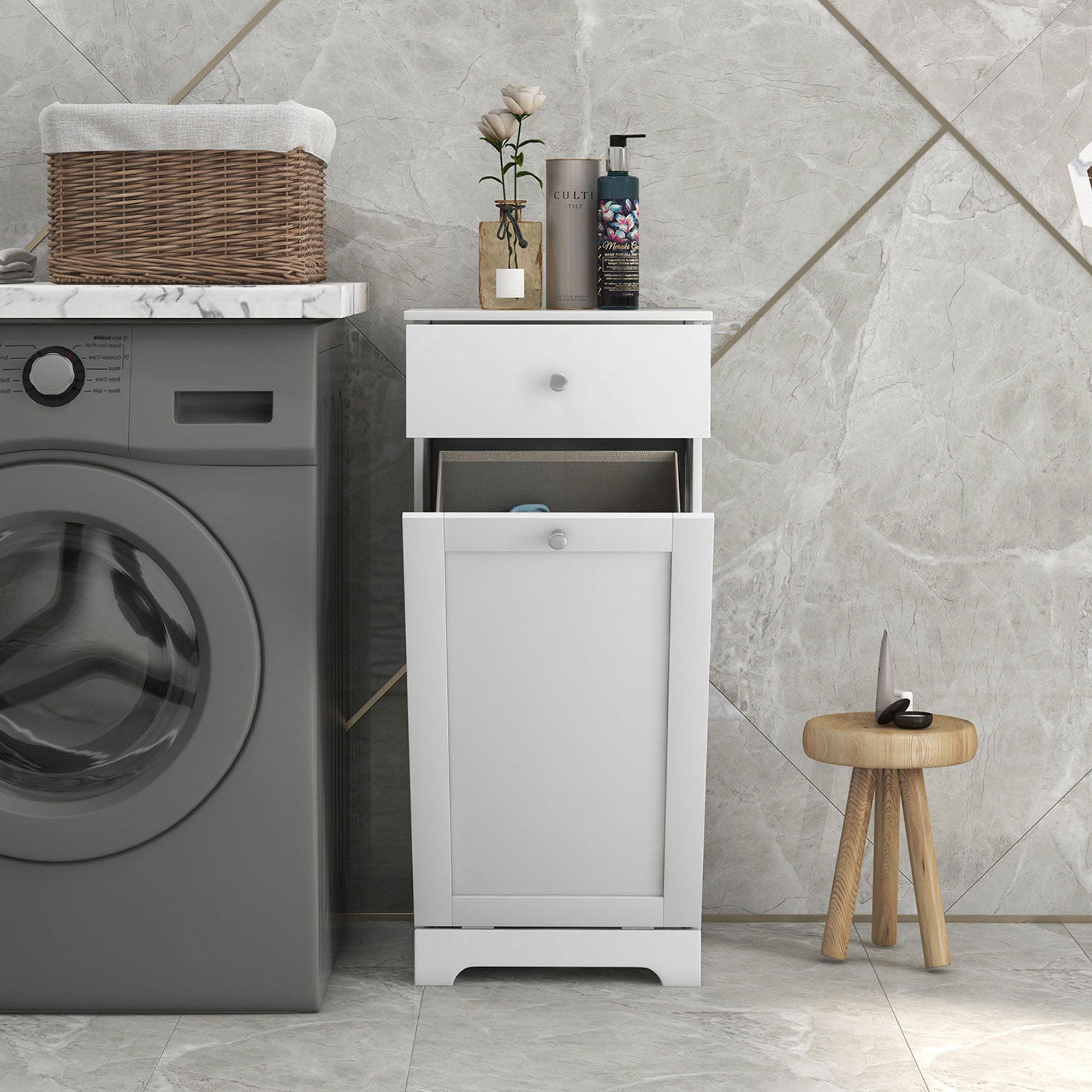 Bathroom Cabinet with Folding Laundry Basket, Storage Cabinet with Drawer - 40L x 40W x 90.5H cm - White