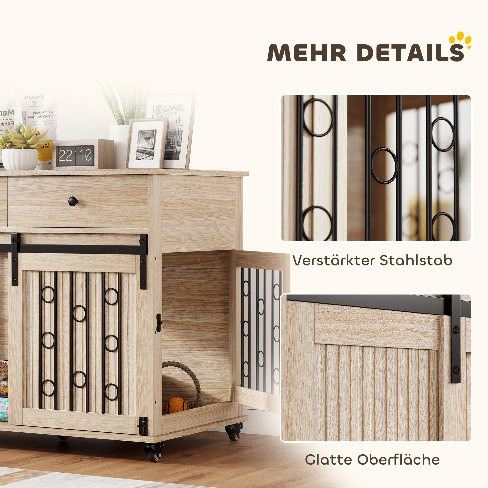 Home Dog Crate 39.4 in with Wheels, Drawer, Sliding Front Door & Lockable Side Door — Oak