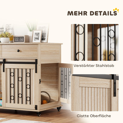 Home Dog Crate 39.4 in with Wheels, Drawer, Sliding Front Door & Lockable Side Door — Oak