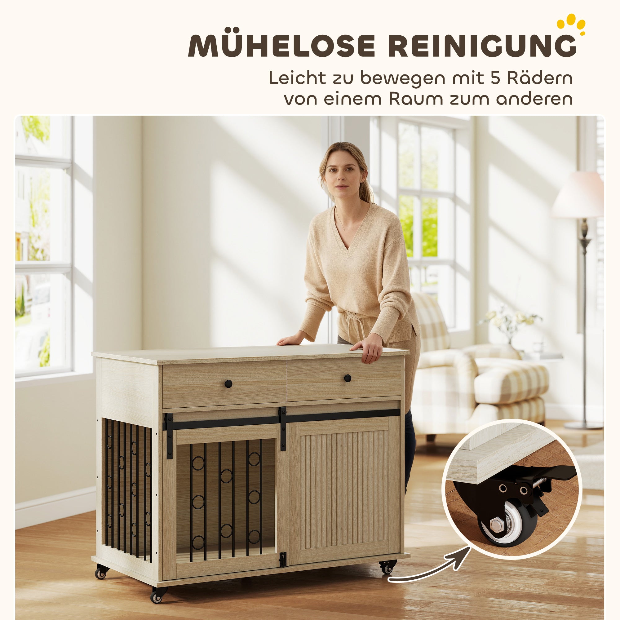 Home Dog Crate 39.4 in with Wheels, Drawer, Sliding Front Door & Lockable Side Door — Oak