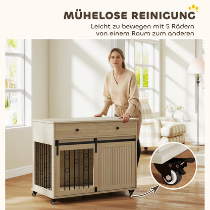 Home Dog Crate 39.4 in with Wheels, Drawer, Sliding Front Door & Lockable Side Door — Oak