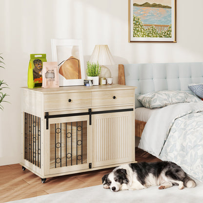 Home Dog Crate 39.4 in with Wheels, Drawer, Sliding Front Door & Lockable Side Door — Oak