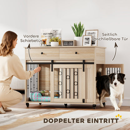 Home Dog Crate 39.4 in with Wheels, Drawer, Sliding Front Door & Lockable Side Door — Oak