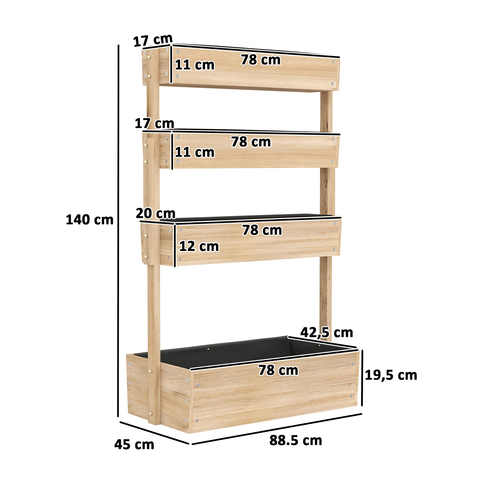 Wooden Raised Garden Bed, 4 Tier Planter Box with Drainage Holes Greenhouse Garden Bed Planter 88.5 x 45 x 140 cm Vegetable Bed for Garden Balcony, Plant Pot for Flowers, Plants, Fruit, Vegetables