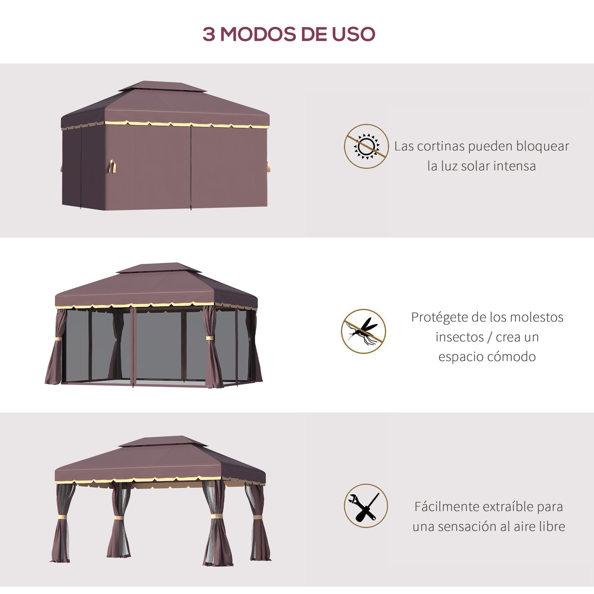 4x3m Aluminum Garden Gazebo with Ventilation Roof 4 Side Curtains 4 Mosquito Nets and 8 Drainage Holes for Outdoor Parties Events Brown