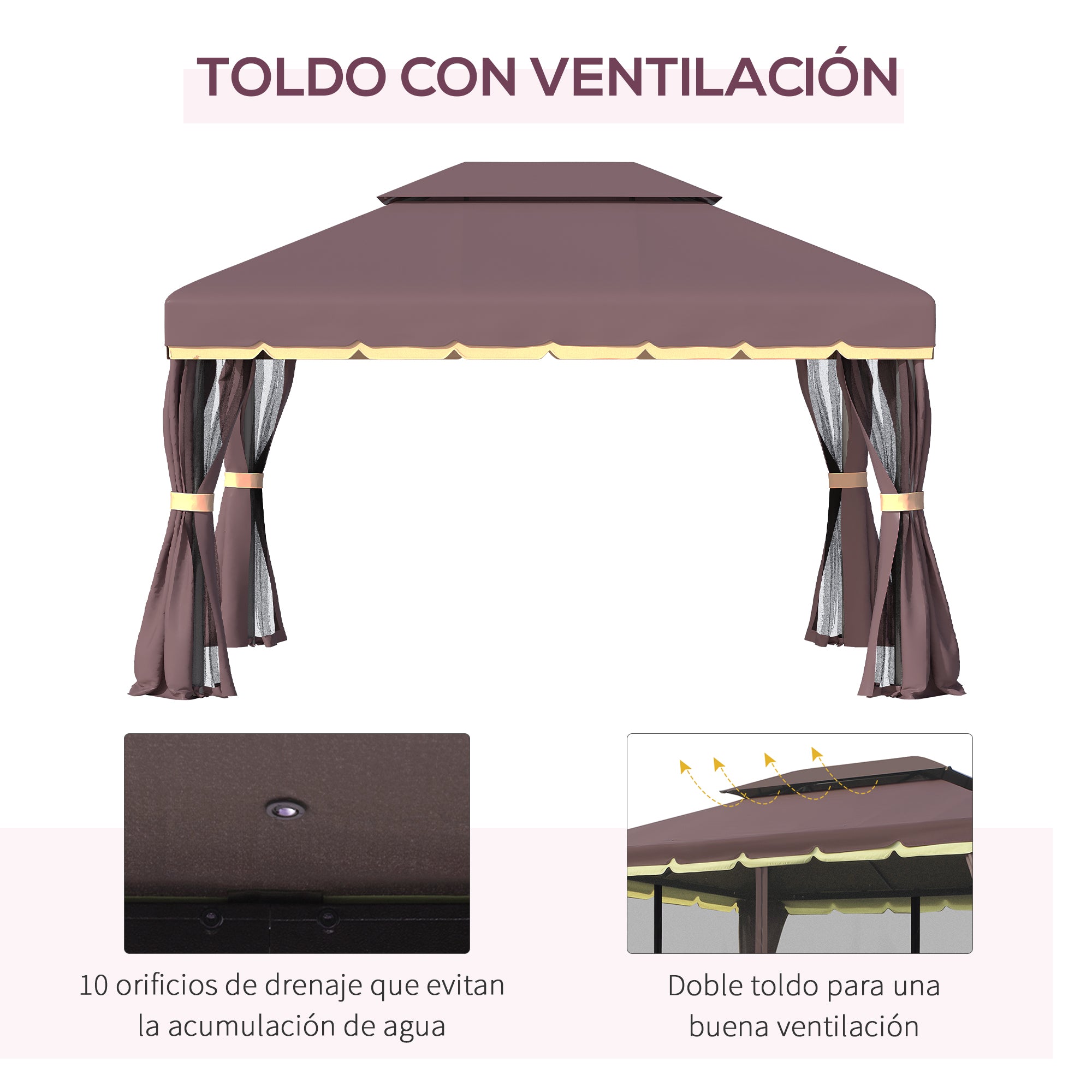 4x3m Aluminum Garden Gazebo with Ventilation Roof 4 Side Curtains 4 Mosquito Nets and 8 Drainage Holes for Outdoor Parties Events Brown