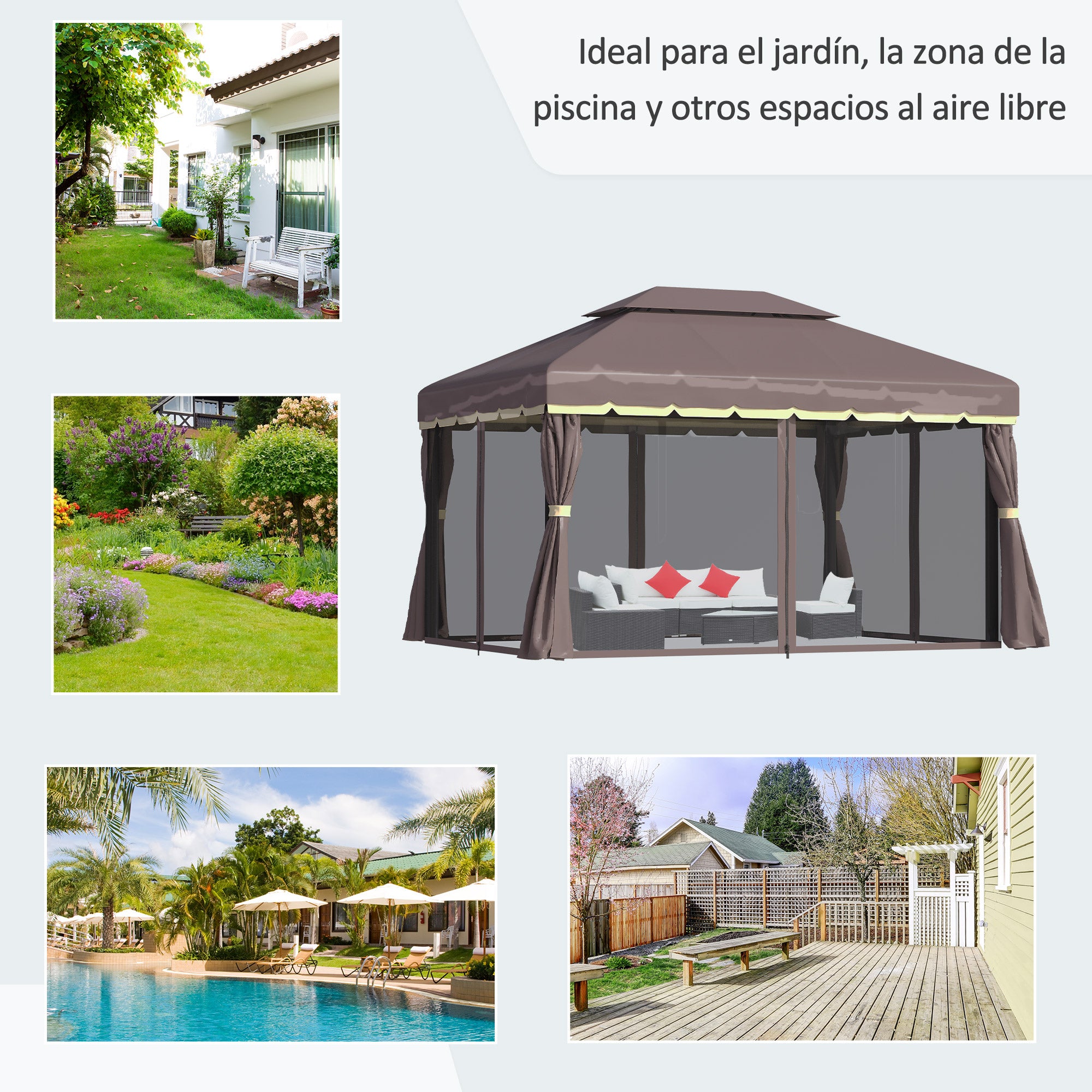 4x3m Aluminum Garden Gazebo with Ventilation Roof 4 Side Curtains 4 Mosquito Nets and 8 Drainage Holes for Outdoor Parties Events Brown