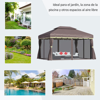4x3m Aluminum Garden Gazebo with Ventilation Roof 4 Side Curtains 4 Mosquito Nets and 8 Drainage Holes for Outdoor Parties Events Brown