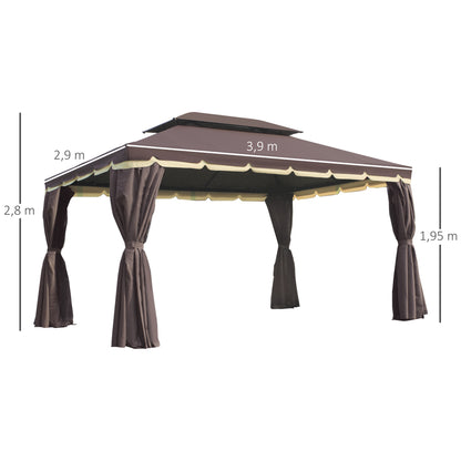 4x3m Aluminum Garden Gazebo with Ventilation Roof 4 Side Curtains 4 Mosquito Nets and 8 Drainage Holes for Outdoor Parties Events Brown