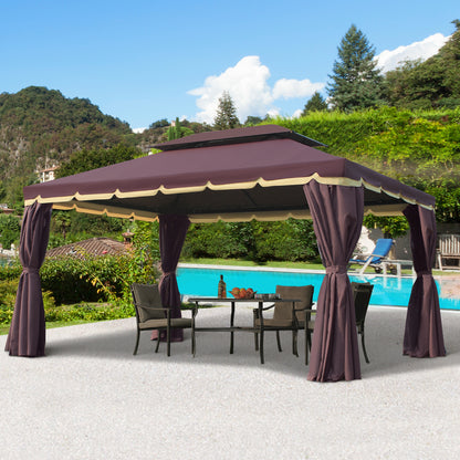 4x3m Aluminum Garden Gazebo with Ventilation Roof 4 Side Curtains 4 Mosquito Nets and 8 Drainage Holes for Outdoor Parties Events Brown