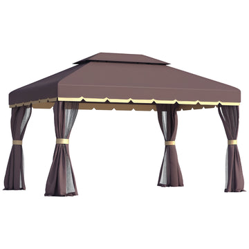 4x3m Aluminum Garden Gazebo with Ventilation Roof 4 Side Curtains 4 Mosquito Nets and 8 Drainage Holes for Outdoor Parties Events Brown