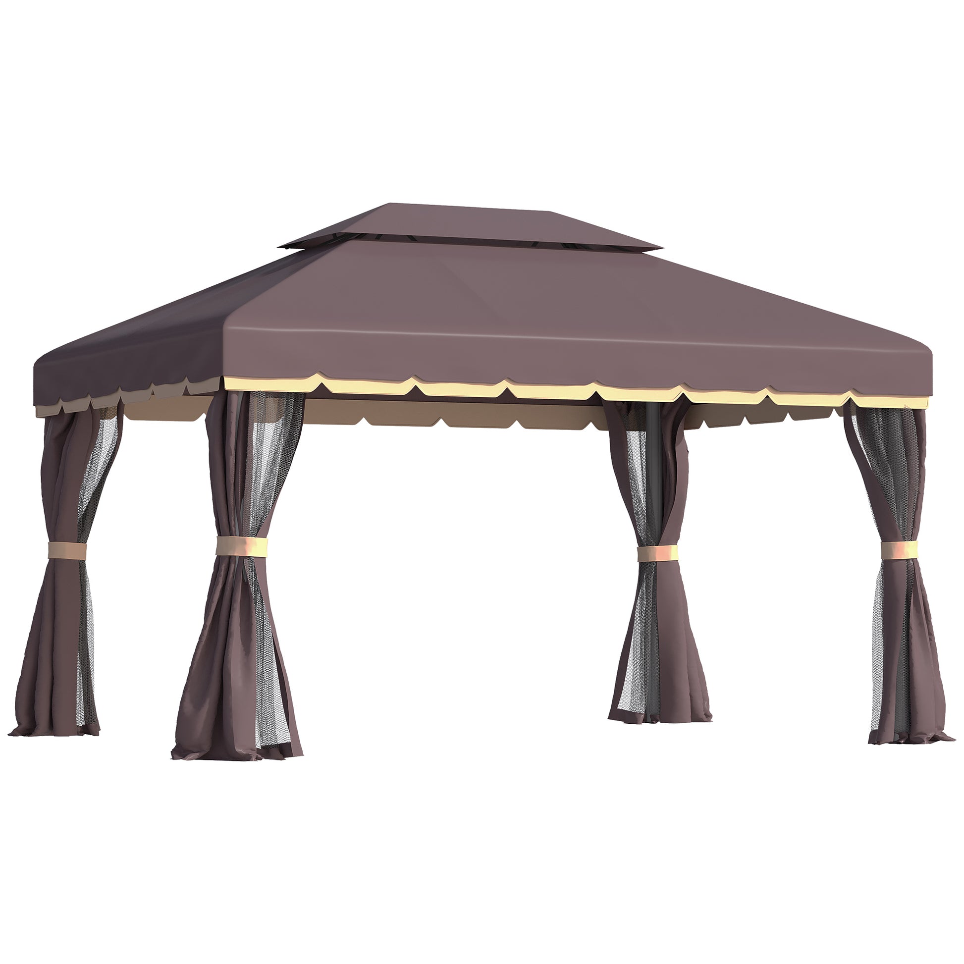 4x3m Aluminum Garden Gazebo with Ventilation Roof 4 Side Curtains 4 Mosquito Nets and 8 Drainage Holes for Outdoor Parties Events Brown