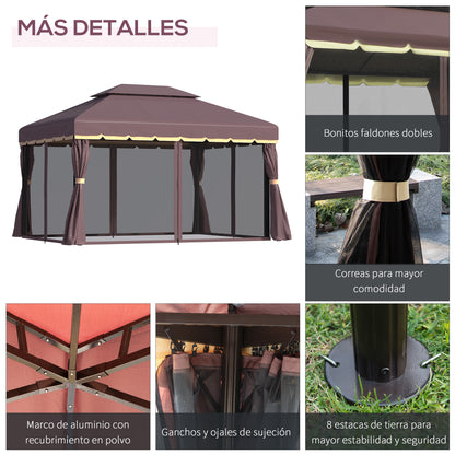 4x3m Aluminum Garden Gazebo with Ventilation Roof 4 Side Curtains 4 Mosquito Nets and 8 Drainage Holes for Outdoor Parties Events Brown
