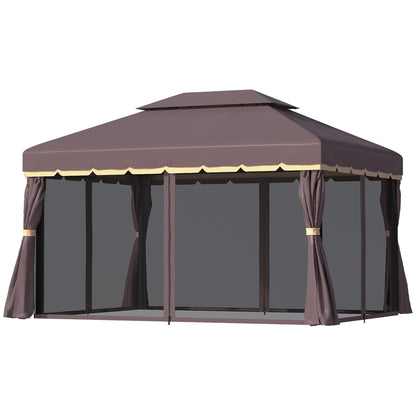 4x3m Aluminum Garden Gazebo with Ventilation Roof 4 Side Curtains 4 Mosquito Nets and 8 Drainage Holes for Outdoor Parties Events Brown