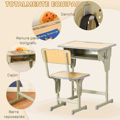 Kids Desk and Chair Set for 6+ Year Olds Height Adjustable Children's Desk with Drawer and Hook Natural
