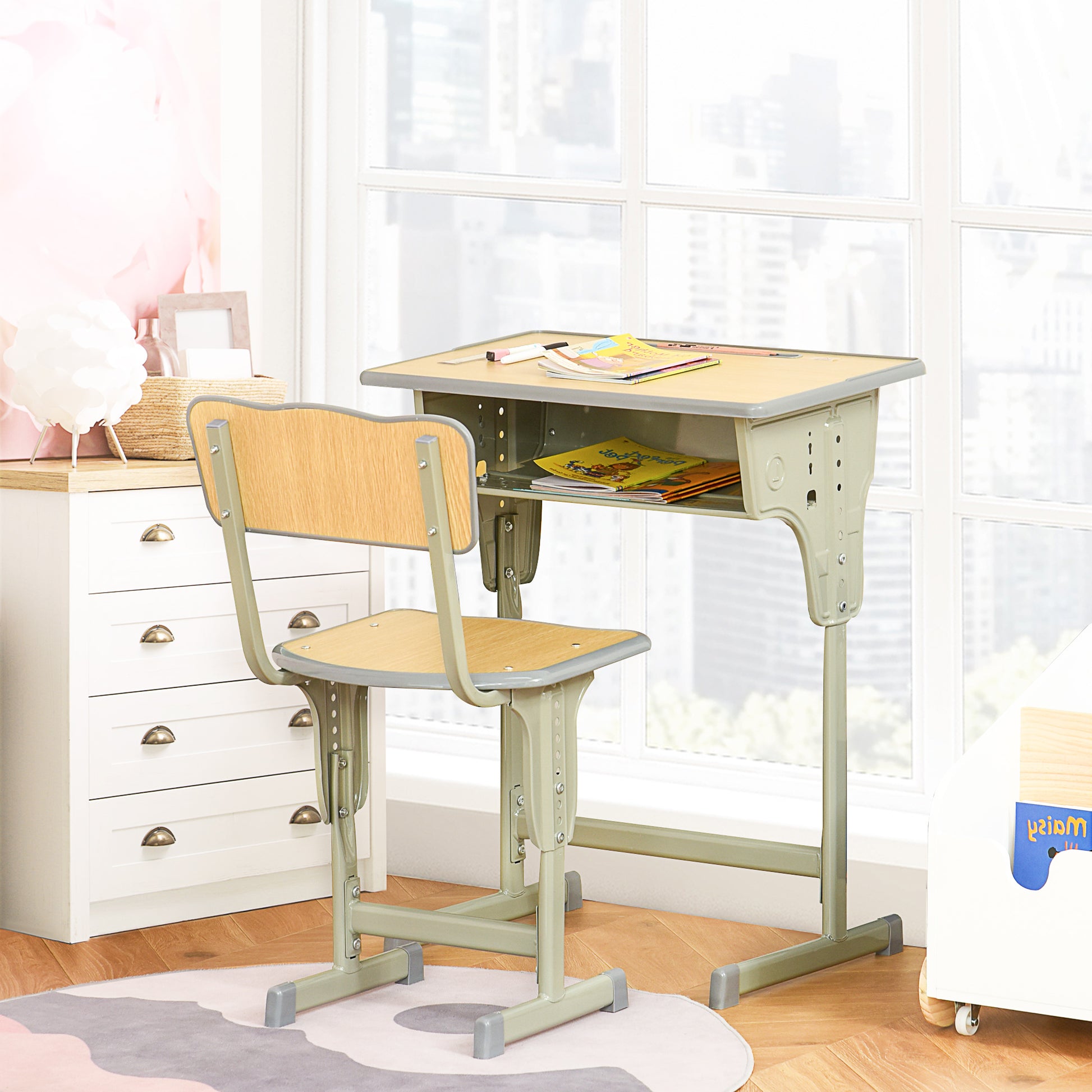 Kids Desk and Chair Set for 6+ Year Olds Height Adjustable Children's Desk with Drawer and Hook Natural
