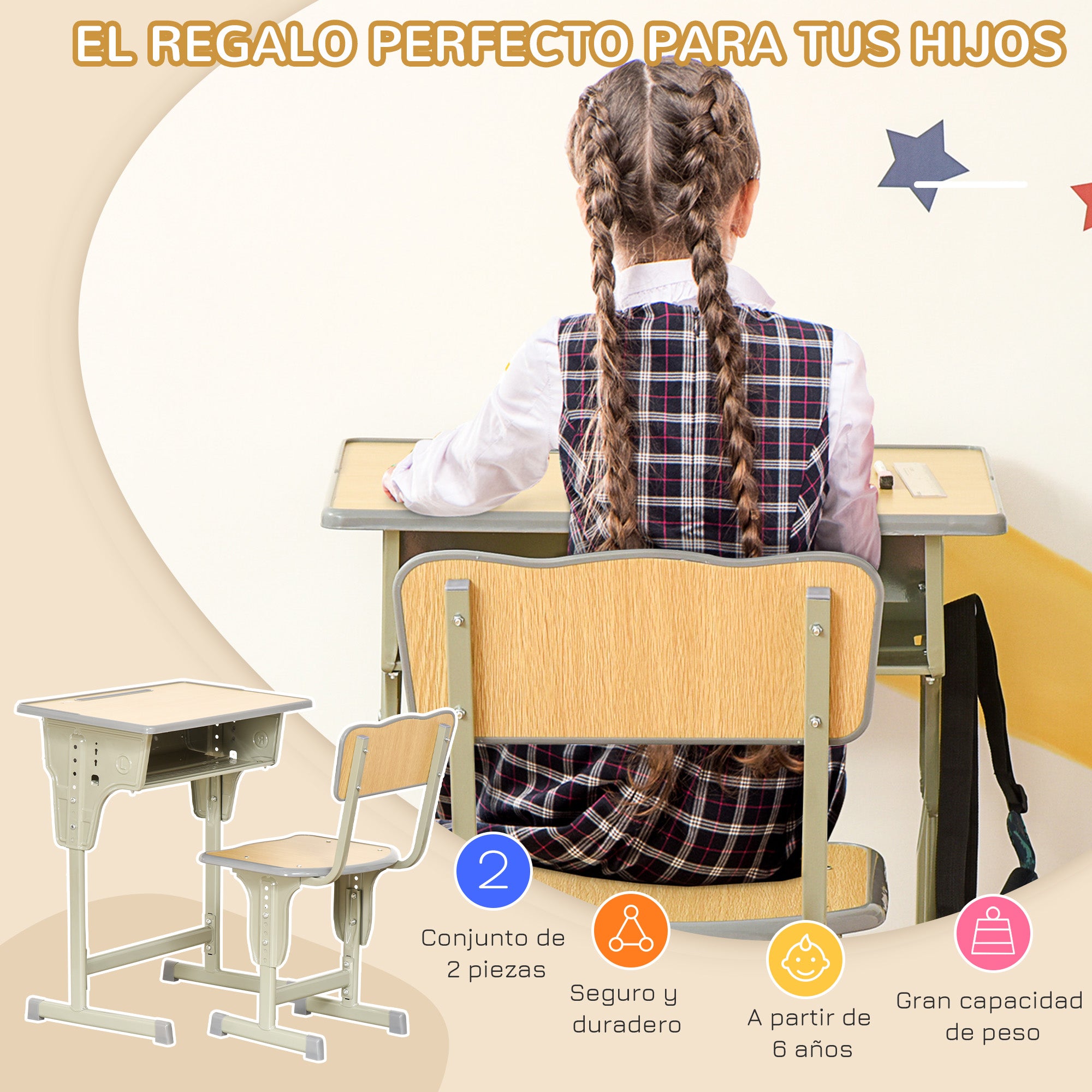 Kids Desk and Chair Set for 6+ Year Olds Height Adjustable Children's Desk with Drawer and Hook Natural