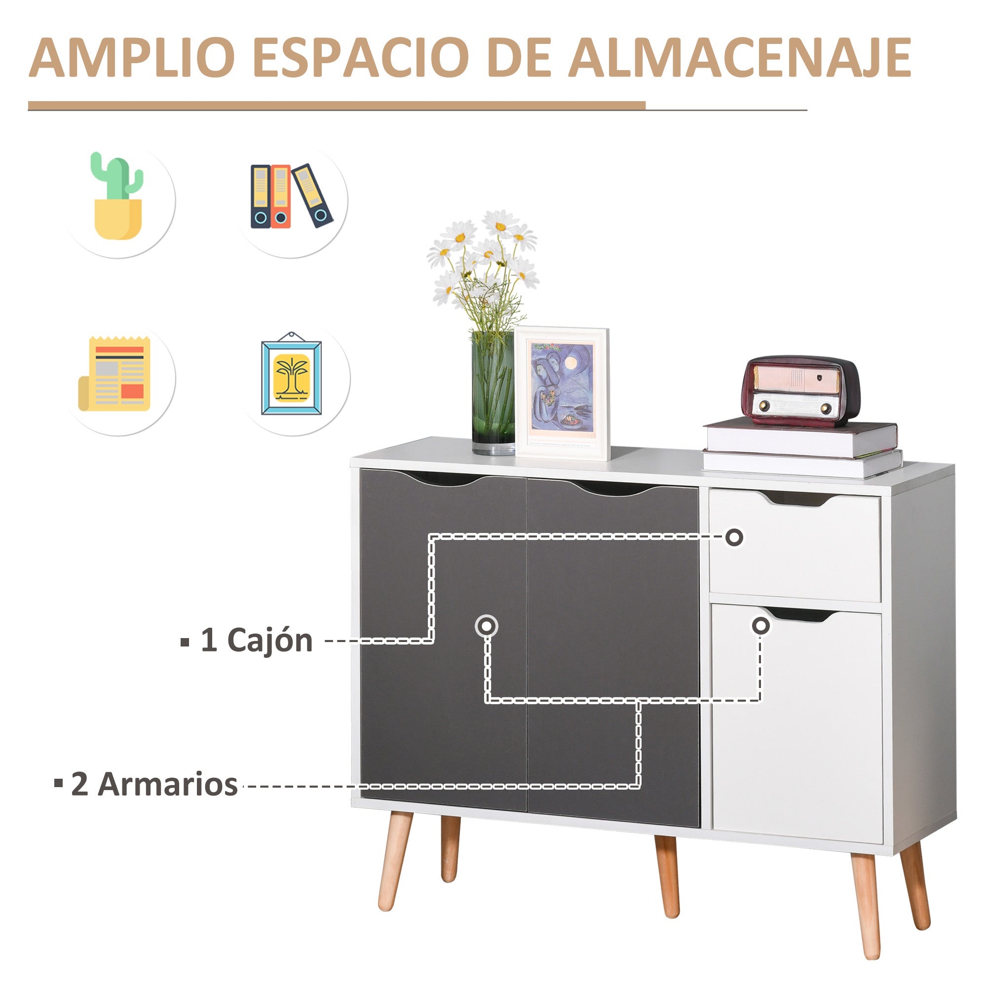 Modern Sideboard for Living Room with 3 Doors and Drawer Auxiliary Furniture for Living Room Kitchen Bedroom 90x30x72 cm White and Gray