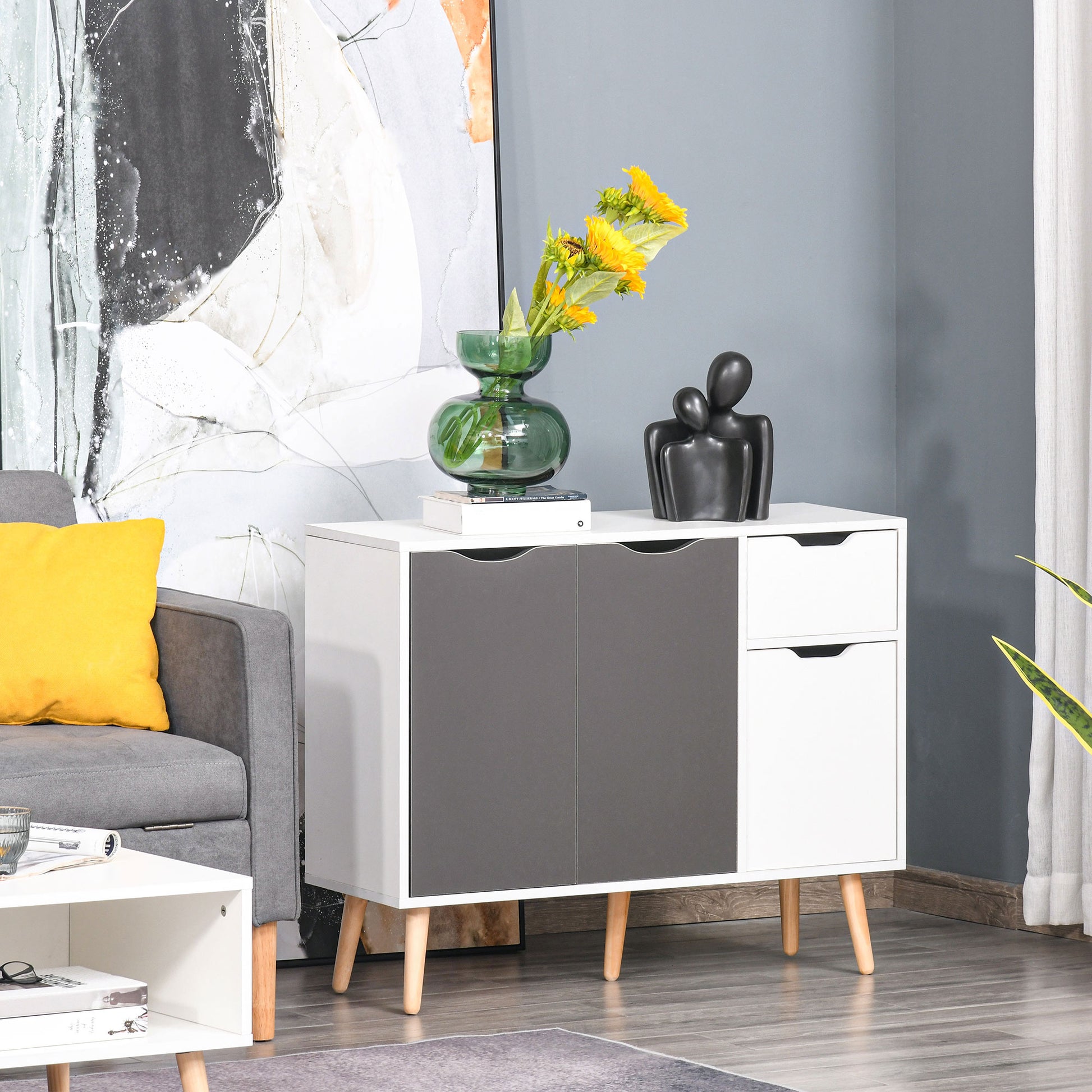 Modern Sideboard for Living Room with 3 Doors and Drawer Auxiliary Furniture for Living Room Kitchen Bedroom 90x30x72 cm White and Gray