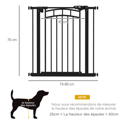 Expandable Dog Safety Gate 74-80 cm, Double Locking, Auto Close, Pressure Mount Stair Gate, 76 cm Height, Black