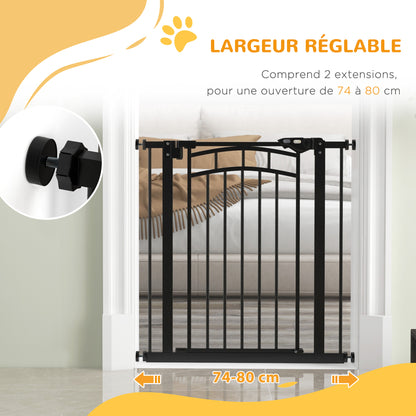 Expandable Dog Safety Gate 74-80 cm, Double Locking, Auto Close, Pressure Mount Stair Gate, 76 cm Height, Black