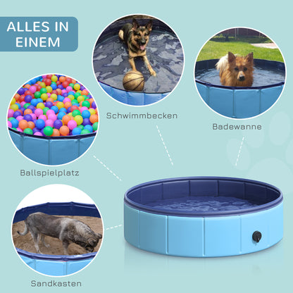 Foldable Dog Bathtub Dog Pool Splash Pool Swimming Pool Water Basin for Dogs and Cats Plastic+Wood Blue Ø80 x H20 cm