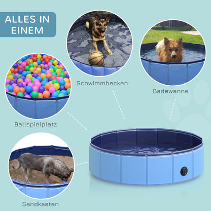Foldable Dog Bathtub Dog Pool Splash Pool Swimming Pool Water Basin for Dogs and Cats Plastic+Wood Blue Ø80 x H20 cm