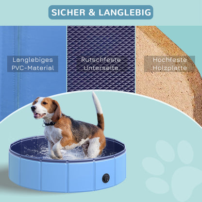 Foldable Dog Bathtub Dog Pool Splash Pool Swimming Pool Water Basin for Dogs and Cats Plastic+Wood Blue Ø80 x H20 cm