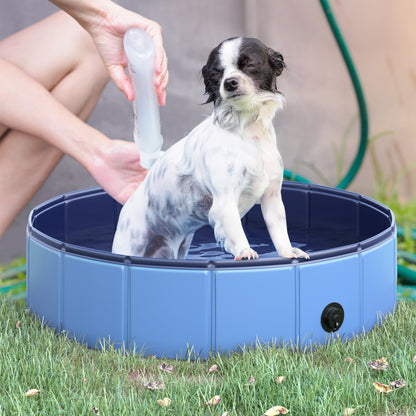 Foldable Dog Bathtub Dog Pool Splash Pool Swimming Pool Water Basin for Dogs and Cats Plastic+Wood Blue Ø80 x H20 cm