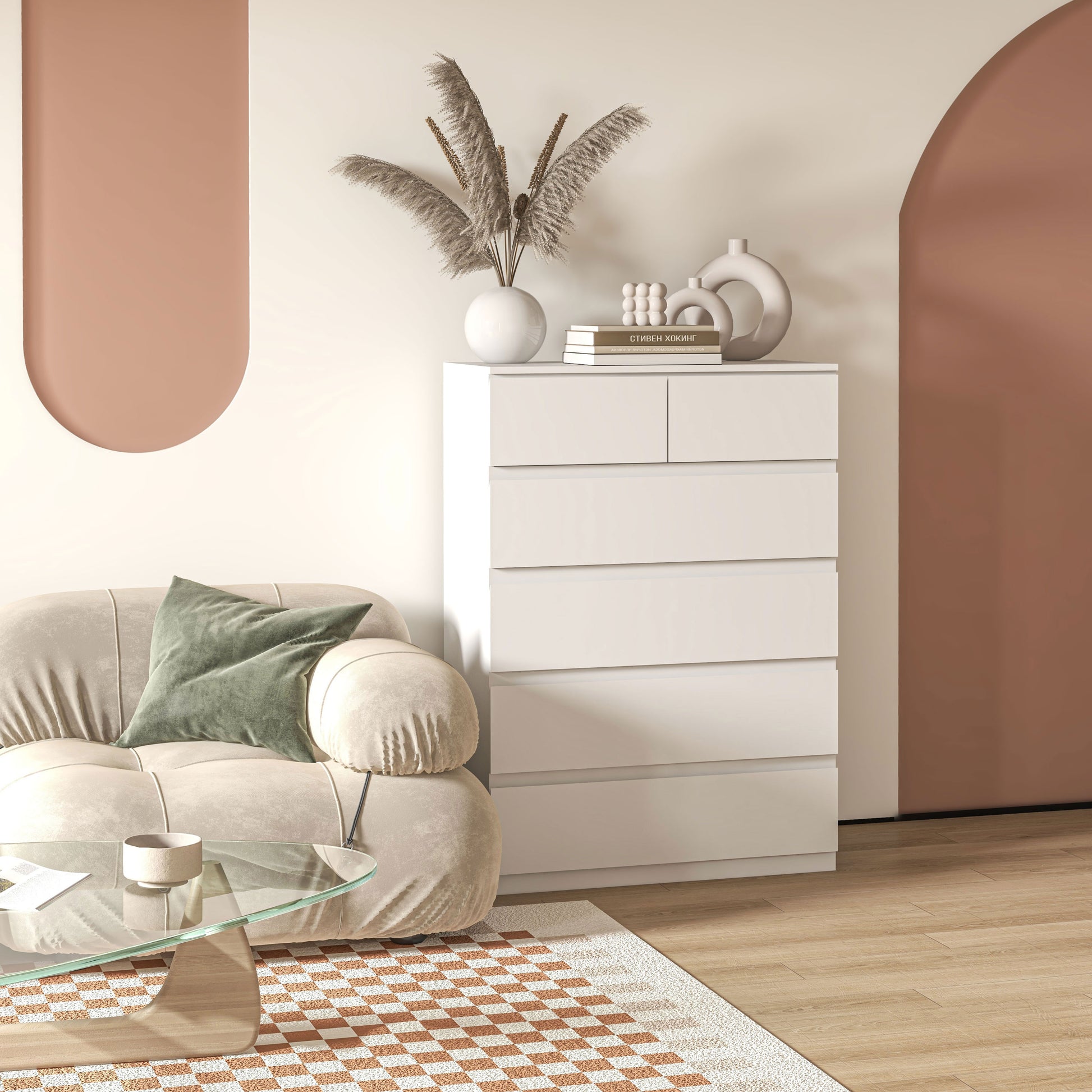 Modern Dresser with 6 Drawers Wooden Chest of Drawers Bedroom Dresser for Entryway Living Room Office Load 50 kg 80x39x115 cm White