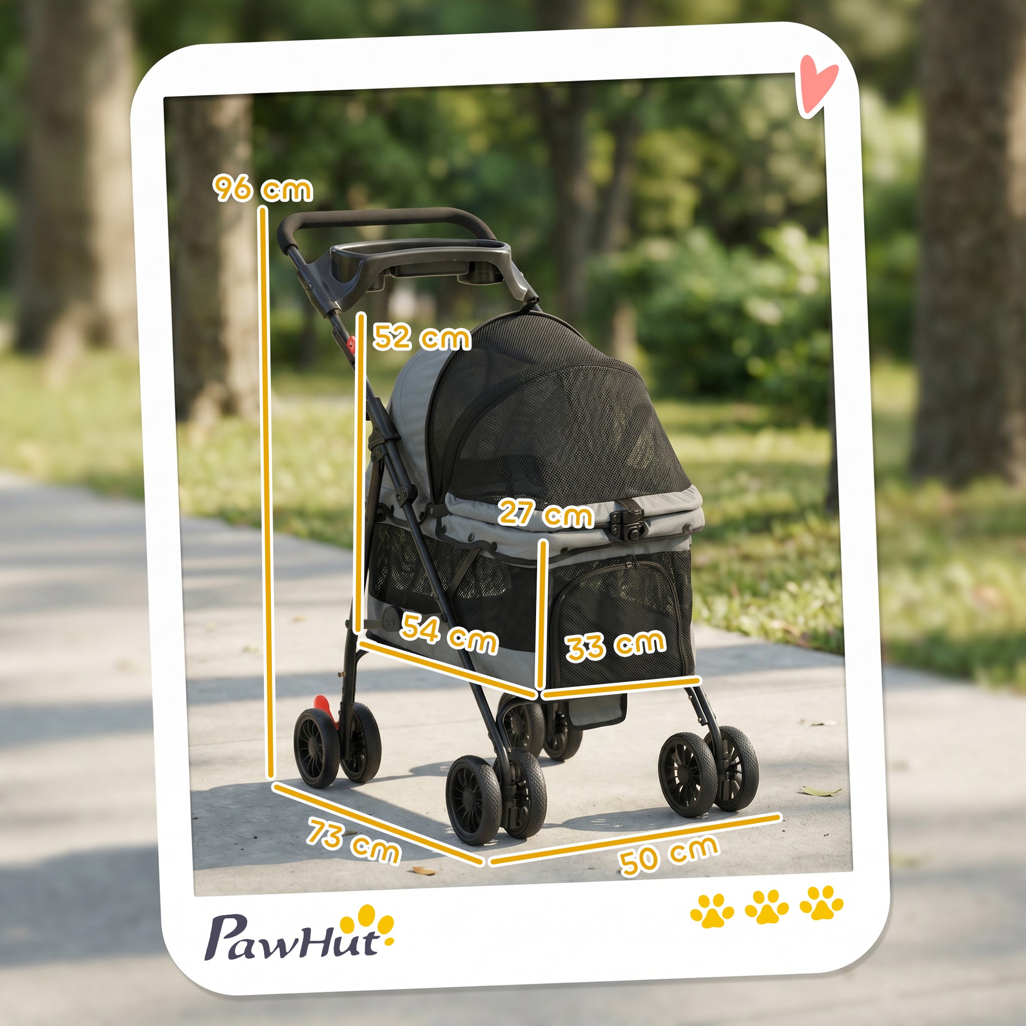 Foldable Pet Stroller for Small Dogs & Cats, Up to 22 lb (10 kg), Lightweight 4-Wheel EVA with Swivel Front & Brakes, Breathable Mesh, Washable Cushion, Tray & Cup Holder, Gray