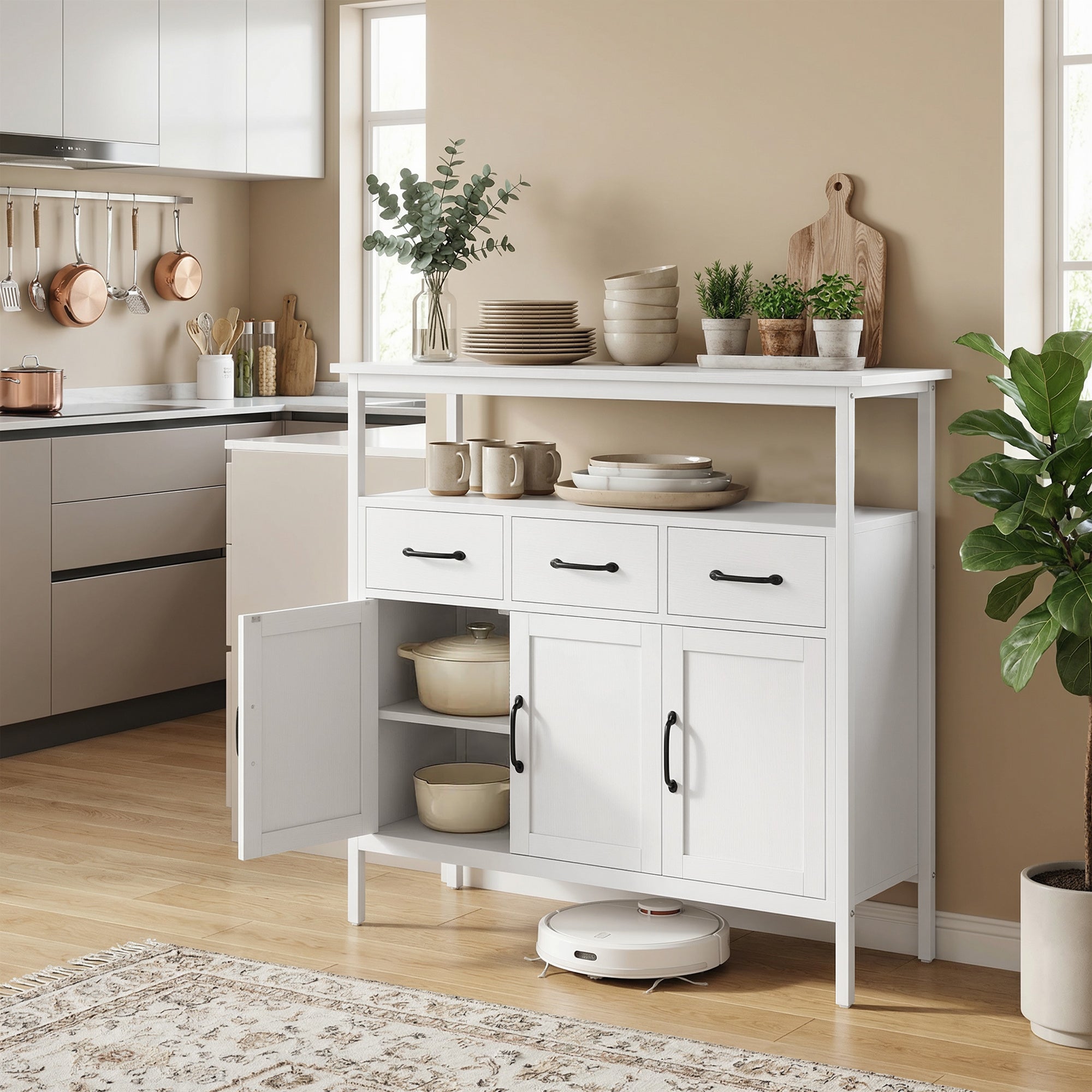 Kitchen Sideboard, Storage Cabinet with 3 Doors, 3 Drawers, Open Compartment & Adjustable Shelves, Modern Style for Living Room & Bedroom, 95 x 35 x 88 cm (37.4 x 13.8 x 34.6 in), White