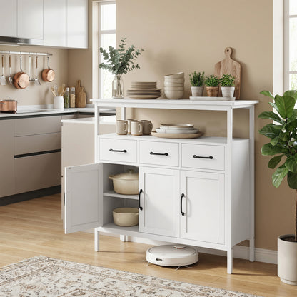 Kitchen Sideboard, Storage Cabinet with 3 Doors, 3 Drawers, Open Compartment & Adjustable Shelves, Modern Style for Living Room & Bedroom, 95 x 35 x 88 cm (37.4 x 13.8 x 34.6 in), White